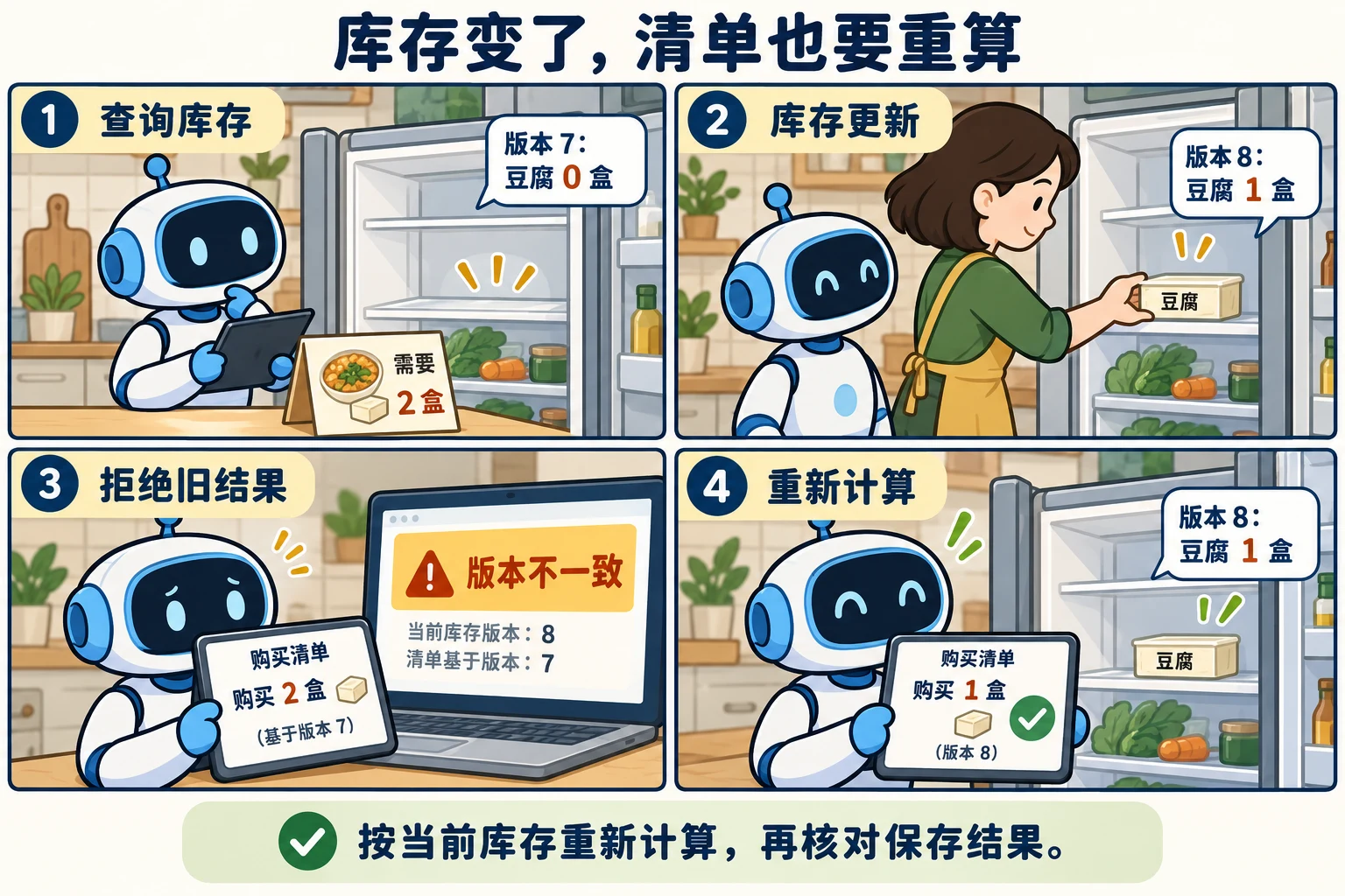四格漫画:菜单需要两盒豆腐,查询时库存为零;主人补入一盒后库存版本更新,旧清单保存被拒绝,重新查询后只需购买一盒。